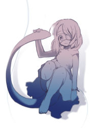 Rule 34 | 1girl, arm support, armband, bad id, bad pixiv id, commentary request, eyepatch, holding own tail, lying, on back, original, sakata kaname, shadow, shirt, short hair, sketch, solo, tail, white background