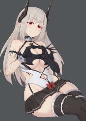 Rule 34 | 1girl, ajidot, arknights, asymmetrical gloves, bare shoulders, black skirt, black thighhighs, bracelet, breasts, bridal garter, cleavage, closed mouth, clothing cutout, commentary request, elbow gloves, feet out of frame, fishnets, gloves, grey hair, heart, heart hands, highres, horns, invisible chair, jewelry, korean commentary, large breasts, leotard, long hair, looking at viewer, material growth, miniskirt, mudrock (arknights), navel, navel cutout, oripathy lesion (arknights), pleated skirt, pointy ears, red eyes, revealing clothes, sitting, skirt, smile, solo, spiked bracelet, spikes, thighhighs, white leotard