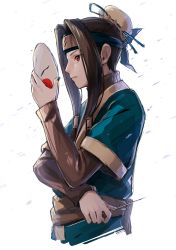 Rule 34 | 1boy, absurdres, blue nails, brown eyes, brown hair, bun cover, commentary request, deluxe&lt;&lt;&lt;, forehead protector, hair bun, hair intakes, haku (naruto), highres, holding, holding mask, kirigakure symbol, layered sleeves, long hair, long sleeves, male focus, mask, nail polish, naruto, naruto (series), needle, profile, sash, serious, short over long sleeves, short sleeves, simple background, single hair bun, solo, white background