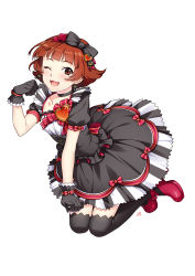 Rule 34 | 1girl, ankle ribbon, black bow, black choker, black dress, black gloves, black thighhighs, bow, brown hair, bubble skirt, cat earrings, choker, collarbone, dress, earrings, full body, gloves, hair bow, high heels, highres, idolmaster, idolmaster million live!, jewelry, leg ribbon, looking at viewer, mary janes, mikapoe, nonohara akane, one eye closed, puffy short sleeves, puffy sleeves, red eyes, red footwear, ribbon, shoes, short hair, short sleeves, skirt, solo, strappy heels, thighhighs, white background, zettai ryouiki