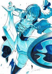Rule 34 | 1girl, armor, artist name, blue theme, boots, bracer, braid, braided ponytail, breasts, cleavage, collarbone, crack, godtail t, hair ribbon, highres, holding, holding shield, holding sword, holding weapon, incoming attack, jumping, large breasts, laurel crown, limited palette, long hair, looking at viewer, ribbon, shield, shoulder armor, simple background, skirt, smile, solo, sophitia alexandra, soul calibur, soulcalibur, soulcalibur vi, sword, thigh boots, weapon