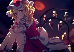 Rule 34 | 1girl, blonde hair, closed mouth, crystal, dise (psychoro), flandre scarlet, full moon, hat, highres, legs, looking at viewer, mob cap, moon, puffy short sleeves, puffy sleeves, red eyes, red moon, short hair, short sleeves, sitting, socks, solo, touhou, white hat, wings