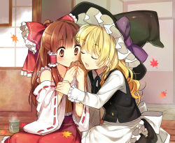 Rule 34 | 2girls, apron, ascot, blonde hair, bow, braid, brown eyes, brown hair, cup, detached sleeves, eating, closed eyes, female focus, food, hair bow, hair tubes, hakurei reimu, hanabana tsubomi, hat, hat bow, holding another&#039;s wrist, japanese clothes, kirisame marisa, leaf, long hair, maple leaf, miko, multiple girls, open mouth, sitting, tea, touhou, veranda, wide-eyed, witch, witch hat, yunomi
