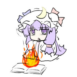 Rule 34 | 1girl, book, chibi, female focus, fire, lowres, natsuki (silent selena), patchouli knowledge, simple background, sitting, solo, touhou, white background