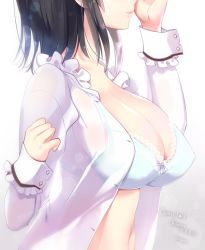 Rule 34 | 10s, 1girl, black hair, blouse, bra, breasts, cleavage, from side, hayakawa akari, head out of frame, kantai collection, lace, lace-trimmed bra, lace trim, large breasts, light smile, lips, midriff, navel, open clothes, open shirt, outside border, profile, see-through, shirt, short hair, solo, takao (kancolle), underwear, white bra, white shirt