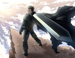 Rule 34 | 1boy, absurdres, armor, berserk, black cape, black hair, boots, cape, cloud, commentary, dragonslayer (sword), english commentary, from behind, full body, gauntlets, guts (berserk), highres, holding, holding sword, holding weapon, huge weapon, isogashii, looking back, male focus, over shoulder, sky, solo, standing, sword, sword over shoulder, twitter username, weapon, weapon over shoulder