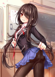 Rule 34 | 10s, 1girl, ass, black hair, black pantyhose, cha chazi, classroom, clothes lift, date a live, hair over one eye, lifted by self, long hair, looking at viewer, panties, panties under pantyhose, pantyhose, qingyuege, red eyes, ribbon, school, school uniform, skirt, skirt lift, smile, solo, tokisaki kurumi, twintails, underwear, undressing