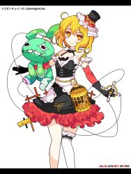 Rule 34 | 1girl, blonde hair, cage, chain, cross, elbow gloves, frilled thighhighs, frills, gloves, hat, ideolo, lolita fashion, million chain, original, puppet marine, short hair, single thighhigh, smile, solo, stuffed animal, stuffed rabbit, stuffed toy, thighhighs, yellow eyes