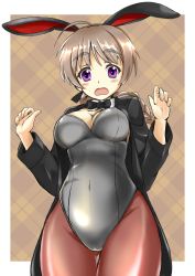 Rule 34 | 1girl, ahoge, animal ears, arms up, black bow, black bowtie, black jacket, black leotard, bow, bowtie, braid, breasts, brown hair, brown pantyhose, cleavage, covered navel, detached collar, fake animal ears, gluteal fold, jacket, leotard, long hair, lynette bishop, open mouth, pantyhose, plaid, plaid background, playboy bunny, ponytail, purple eyes, rabbit ears, red liquid (artist), simple background, solo, strapless, strapless leotard, strike witches, surprised, thigh gap, thighs, world witches series