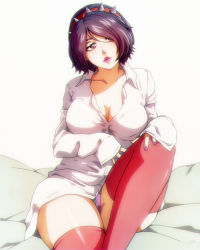 Rule 34 | 1girl, black hair, breasts, cleavage, collarbone, hair over one eye, hairband, highres, jcm2, large breasts, lipstick, makeup, nail polish, original, panties, purple eyes, purple lips, purple nails, red thighhighs, sitting, sleeves past wrists, solo, spiked hairband, spikes, thighhighs, underwear, wide hips