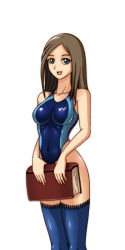 Rule 34 | 1girl, blue eyes, book, breasts, brown hair, castlevania (series), castlevania: portrait of ruin, charlotte aulin, competition swimsuit, deadmoon (kein2002), image sample, long hair, one-piece swimsuit, smile, solo, swimsuit, thighhighs