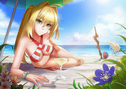 Rule 34 | 10s, 1girl, absurdres, aestus estus, ahoge, arm support, bad id, bad pixiv id, ball, beach, beach umbrella, beachball, bikini, blonde hair, blue sky, breasts, cleavage, cloud, collarbone, day, fate/extella, fate/extra, fate/grand order, fate (series), flower, flower request, green eyes, hair between eyes, hair intakes, highres, hyperbudd, long hair, looking at viewer, lying, medium breasts, navel, nero claudius (fate), nero claudius (fate) (all), nero claudius (swimsuit caster) (fate), on side, one eye closed, planted, planted sword, planted weapon, sandals, sky, smile, solo, swimsuit, sword, tropical drink, umbrella, weapon