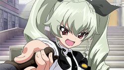 Rule 34 | 10s, 1girl, anchovy (girls und panzer), animated, animated gif, anzio school uniform, black cape, black ribbon, breasts, cape, drill hair, female focus, girls und panzer, green hair, hair ribbon, holding, long hair, lowres, necktie, open mouth, red eyes, ribbon, riding crop, school uniform, smile, solo, twin drills, twintails