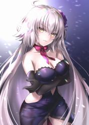 Rule 34 | 1girl, backlighting, bare shoulders, black dress, black gloves, breasts, closed mouth, collarbone, crossed arms, dress, elbow gloves, fate/grand order, fate (series), flower, gloves, hair flower, hair ornament, hane yuki, highres, jeanne d&#039;arc (fate), jeanne d&#039;arc alter (avenger) (fate), jeanne d&#039;arc alter (fate), large breasts, light particles, long hair, looking at viewer, neck ribbon, official alternate costume, ribbon, silver hair, smile, solo, yellow eyes