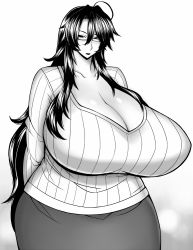 Rule 34 | 1girl, ahoge, arms behind back, breasts, cleavage, collarbone, cowboy shot, curvy, gigantic breasts, glasses, gradient background, greyscale, hair between eyes, hip focus, kurokagami ranko, lipstick, long hair, looking at viewer, makeup, mature female, mole, mole under mouth, monochrome, muchigaku, original, otogi tetsurou, ribbed sweater, shiny skin, simple background, skirt, solo, standing, sweater, very long hair