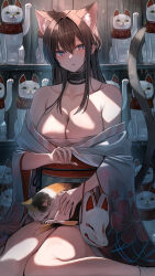 Rule 34 | 1girl, absurdres, animal, animal ears, bare shoulders, black hair, breasts, cat, cat ears, cat girl, cat tail, fox mask, gradient background, hana hebi, highres, japanese clothes, kimono, long hair, mask, medium breasts, original, parted lips, sitting, solo, tail, wariza, white kimono