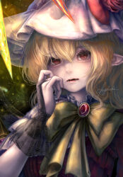 Rule 34 | 1girl, adapted costume, blonde hair, bridal gauntlets, closed mouth, crystal, dress, fangs, fingernails, flandre scarlet, hair between eyes, hat, highres, long fingernails, long hair, looking at viewer, mizuhichi, mob cap, nail polish, one side up, red dress, red eyes, red nails, sharp fingernails, signature, solo, touhou, upper body, white hat, wings