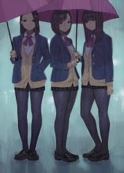 Rule 34 | 3girls, arm at side, black footwear, black skirt, blazer, blue jacket, blunt bangs, brown eyes, brown hair, closed mouth, collared shirt, expressionless, forehead, full body, gloves, hand in pocket, highres, holding, holding umbrella, jacket, legs, loafers, long hair, long sleeves, looking at viewer, miniskirt, multiple girls, neck ribbon, open clothes, open jacket, original, pantyhose, pleated skirt, pocket, purple ribbon, rain, revision, ribbon, school uniform, shirt, shoes, short hair, skirt, standing, umbrella, unbuttoned, water, wing collar, yellow gloves, yomu (sgt epper)