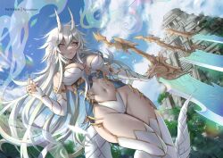 Rule 34 | 1girl, blue sky, breasts, closed mouth, cloud, cloudy sky, commission, day, gauntlets, grey eyes, hair between eyes, highres, horns, large breasts, long hair, looking at viewer, navel, original, outdoors, ryuuneart, sky, smile, solo, sword, tail, temple, thighs, very long hair, weapon, white hair