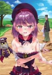 Rule 34 | 1girl, 2boys, bandaid, belt, beret, bow, bow (weapon), breasts, chen gong (fate), crying, dark-skinned male, dark skin, dirty, fate/grand order, fate (series), hair bow, hat, helena blavatsky (fate), highres, leeshin0919, merlin (fate), messy hair, multiple boys, navel, purple eyes, purple hair, small breasts, staff, torn clothes, tree, weapon, wide sleeves