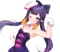 Rule 34 | 1girl, armpits, backlighting, bad id, bad pixiv id, blue eyes, blunt bangs, callie (splatoon), callie (splatoon) (cosplay), commentary, cosplay, detached collar, dress, dutch angle, flat chest, gloves, hair ornament, highres, hololive, hololive english, long hair, looking at viewer, maru ccy, mole, mole under eye, ninomae ina&#039;nis, nintendo, one eye closed, pointy ears, purple hair, solo, splatoon (series), strapless, strapless dress, tentacle hair, virtual youtuber, white background, white gloves