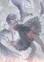 Rule 34 | 1girl, absurdres, blue eyes, blurry, bracelet, breasts, cathedral, chromatic aberration, closed mouth, depth of field, dress, falling feathers, feathered wings, feathers, frilled bracelet, frilled dress, frills, grey hair, heart, highres, jewelry, kneehighs, lace, lace-trimmed legwear, lace trim, looking at viewer, original, pendant, short hair, small breasts, socks, solo, thighs, white dress, wings, xxruazi