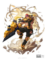 Rule 34 | 1boy, abs, absurdres, bara, beard, character request, clothing cutout, copyright request, drill, earrings, facial hair, fighting stance, full body, goggles, highres, huge weapon, jewelry, male focus, mature male, muscular, muscular male, orange hair, original, pants, pectorals, revealing clothes, short hair, sidepec, solo, stomach, thick thighs, thigh cutout, thighs, torn clothes, torn pants, weapon, xiaolumiaoliya