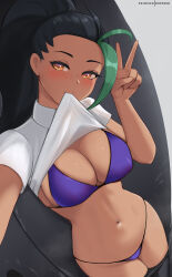 Rule 34 | 1girl, absurdres, bikini, black hair, blue bikini, blush, breasts, cleavage, closed mouth, clothes lift, clothes pull, creatures (company), dark-skinned female, dark skin, freckles, game freak, grey hair, hand up, highres, hioyami, large breasts, long hair, looking at viewer, mouth hold, navel, navel piercing, nemona (pokemon), nintendo, orange eyes, pantyhose, pantyhose pull, patreon username, piercing, pokemon, pokemon sv, ponytail, shirt, shirt lift, short sleeves, smile, solo, stomach, swimsuit, v, white shirt