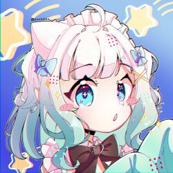 1girl absurdres black_bow black_bowtie blue_eyes blush_stickers bow bowtie commentary_request cross-shaped_pupils dress flower-shaped_pupils ghost gradient_hair green_dress green_hair hair_ornament hairclip highres indie_virtual_youtuber maid maid_headdress mint_fantome mint_fantome_(minto_2.0) multicolored_hair open_mouth pachikko pointy_ears short_hair sleeves_past_fingers sleeves_past_wrists solo symbol-shaped_pupils thick_outlines triangular_headpiece two_side_up virtual_youtuber wavy_hair white_hair x_hair_ornament