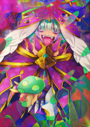 Rule 34 | 1girl, bags under eyes, blue hair, cape, cloak, crazy eyes, crazy smile, fate/grand order, fate (series), gold trim, gradient hair, green hair, hair over eyes, hat, highres, holding, holding mushroom, locusta (fate), multicolored hair, mushroom, open mouth, purple background, purple cloak, purple eyes, purple hat, shiushiu kurauneru plus, smile, solo, teeth, tongue, tongue out, upper body