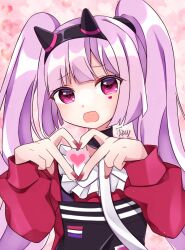 Rule 34 | 1girl, blush, character request, chunithm, collar, facial mark, fake horns, frilled shirt collar, frills, heart, heart-shaped pupils, heart facial mark, heart hands, highres, horn hairband, horns, long hair, long sleeves, looking at viewer, nail polish, open mouth, pink eyes, purple hair, solo, symbol-shaped pupils, twintails, u amy1207, upper body, very long hair