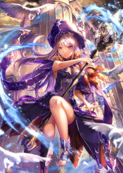 Rule 34 | 1girl, arch, bad arm, bad id, bad pixiv id, bird, breasts, building, cleavage, cloud, fantasy, hat, highres, holding, holding staff, long hair, looking at viewer, magic, original, outdoors, pink eyes, purple hair, purple hat, shenteita, solo, staff, standing, standing on one leg
