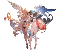 Rule 34 | 2girls, :d, alpha transparency, bandeau, bare legs, bare shoulders, bikini, black bikini, black hair, blonde hair, blue eyes, blush, breasts, choker, cleavage, closed mouth, curly hair, dark-skinned female, dark skin, eyewear on head, feathered wings, flower, full body, granblue fantasy, halluel (granblue fantasy), hat, hat flower, head wings, innertube, large breasts, long hair, looking at viewer, malluel (granblue fantasy), minaba hideo, multiple girls, navel, off shoulder, official art, open mouth, sandals, shirt, smile, standing, sunglasses, swim ring, swimsuit, tied shirt, transparent background, very long hair, white bikini, wings