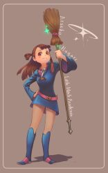 Rule 34 | 1girl, :3, absurdres, belt, blue dress, blue footwear, blush stickers, boots, border, broom, brown background, brown eyes, brown hair, character name, commentary, copyright name, dress, english commentary, full body, hand on own hip, highres, holding, holding broom, just thammi, kagari atsuko, knee boots, little witch academia, looking at viewer, luna nova school uniform, pink belt, school uniform, short ponytail, simple background, solo, sparkle, standing, witch