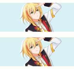 Rule 34 | 1boy, blonde hair, border, closed mouth, fujiwara soushi, green eyes, highres, idol clothes, light blue background, long sleeves, looking at viewer, male focus, masaki 729, medium hair, multicolored hair, orange hair, parted lips, readyyy!, smile, solo, white border