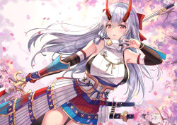 Rule 34 | 1girl, armor, blush, breasts, cenangam, cherry blossoms, detached sleeves, fate/grand order, fate (series), hair between eyes, hip vent, horns, japanese armor, japanese clothes, katana, kimono, large breasts, long hair, looking at viewer, oni horns, open mouth, polearm, red eyes, silver hair, solo, sword, thighs, tomoe gozen (fate), very long hair, weapon, white kimono