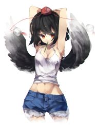 Rule 34 | 1girl, arm behind head, armpits, arms up, bad id, bad pixiv id, black hair, black wings, camisole, cutoffs, hat, highres, midriff, mouth hold, navel, orange eyes, pencil, pom pom (clothes), shameimaru aya, short hair, short shorts, shorts, simple background, solo, suminagashi, tokin hat, touhou, white background, wings