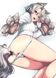 Rule 34 | 1girl, absurdres, anal tail, animal ears, animal hands, ass, asymmetrical hair, butt plug, claws, cowboy shot, cum, cum in ass, fake tail, flipped hair, from below, gloves, grey eyes, highres, kantai collection, leotard, looking at viewer, nowaki (kancolle), panties, panty pull, paw gloves, sex toy, silver hair, simple background, solo, swept bangs, tail, underwear, uni (uni-strain), white background, white leotard, wolf ears, wolf tail