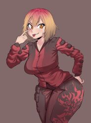 Rule 34 | absurdres, arm up, blonde hair, breasts, brown background, fang, gs16 (chug), highres, jourjii, large breasts, multicolored hair, original, pants, patterned legwear, pocket, red hair, shirt, thick thighs, thighs, tongue, tongue out, two-tone hair, vest, wide hips, yellow eyes