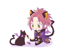 Rule 34 | 1boy, animal ear fluff, animal ears, bangs pinned back, bell, black cat, black pants, boots, candy, cat, cat boy, cat ears, cat tail, demon wings, ensemble stars!, fang, food, fur collar, green eyes, hair ornament, hairclip, isara mao, knee boots, long sleeves, lowres, neck bell, pants, purple hair, seuga, simple background, sitting, skin fang, tail, white background, wings