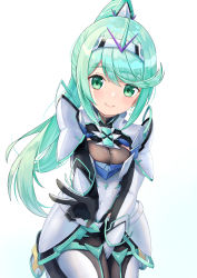 Rule 34 | 1girl, absurdres, breasts, chest jewel, earrings, gem, gloves, green eyes, green hair, hair ornament, headpiece, highres, jewelry, kaede (maple4rt), large breasts, long hair, nintendo, pneuma (xenoblade), ponytail, simple background, solo, swept bangs, tiara, v, very long hair, white background, xenoblade chronicles (series), xenoblade chronicles 2