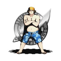 Rule 34 | 10s, 1boy, alpha transparency, bad link, blue male swimwear, blue swim trunks, brown eyes, brown hair, collarbone, copyright name, crossed arms, divine gate, drawstring, flip-flops, floral print, full body, glasses, hashida itaru, hat, hibiscus print, looking at viewer, male focus, male swimwear, official art, print male swimwear, print swim trunks, sandals, shadow, solo, standing, steins;gate, swim trunks, swimsuit, transparent background, ucmm, visor cap, yellow hat