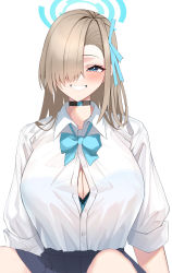 Rule 34 | 1girl, absurdres, asm ln, asuna (blue archive), black choker, blue archive, blue bow, blue bowtie, blue bra, blue eyes, blush, bow, bowtie, bra, bra peek, breasts, button gap, choker, cleavage, collared shirt, grey skirt, grin, hair over one eye, hair ribbon, halo, highres, lace, lace-trimmed bra, lace trim, large breasts, light brown hair, long sleeves, looking at viewer, miniskirt, pleated skirt, ribbon, shirt, simple background, sitting, skirt, sleeves rolled up, smile, solo, underwear, upper body, white background, white shirt