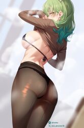 Rule 34 | 1girl, ass, black bra, black panties, bra, breasts, brown shirt, ceres fauna, clothes lift, earrings, from behind, green hair, highres, hololive, hololive english, jewelry, large breasts, long hair, looking at viewer, looking back, median furrow, multicolored hair, oioi ainomo, panties, panties under pantyhose, pantyhose, patreon username, shirt, shirt lift, solo, twitter username, two-tone hair, underwear, virtual youtuber, yellow eyes