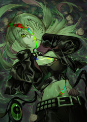 Rule 34 | 1girl, belt, black nails, collar, commentary, cropped jacket, cropped shirt, eyelashes, grey hair, hair between eyes, hand on own face, hand over eye, hands up, highres, jacket, kouhiipan, long hair, looking at viewer, nail polish, navel, original, parted lips, ringed eyes, ripples, shell, shiny clothes, shiny skin, snail, solo, spiked collar, spikes, studded belt, trail, upper body, water, wet, wet clothes, yellow eyes