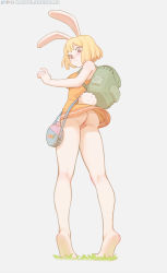 Rule 34 | 1girl, :&lt;, animal ears, artist name, ass, backpack, bag, bare arms, bare legs, bare shoulders, barefoot, bartolomeobari, blonde hair, brown eyes, carrot (one piece), commentary, dress, english commentary, female focus, from behind, full body, grey background, highres, looking at viewer, looking back, no panties, no pupils, one piece, orange dress, pussy, rabbit ears, rabbit girl, rabbit tail, short dress, short hair, simple background, solo, tail, tiptoes, twitter logo, uncensored