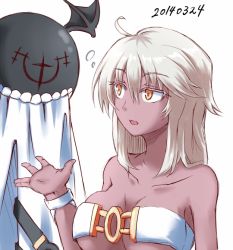 Rule 34 | 1girl, ahoge, belt bra, breasts, cape, cleavage, collarbone, colored eyelashes, creature, dark-skinned female, dark skin, dated, dressing, familiar, guilty gear, guilty gear xrd, kuro goma (kakkou11), large breasts, long hair, lucifero (guilty gear), no headwear, open mouth, ramlethal valentine, simple background, solo, underboob, white background, white hair, whitesesame, yellow eyes