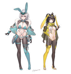 Rule 34 | 2girls, alternate costume, animal ears, aqua footwear, artist name, asymmetrical footwear, between breasts, black gloves, black hair, black pantyhose, black shrug, boots, breast curtains, breasts, commentary, fake animal ears, floppy ears, forehead protector, full body, fur trim, gloves, grey hair, high heels, high ponytail, highres, ji chenxing, large breasts, looking at viewer, medium breasts, meme attire, multiple girls, navel, pantyhose, partially fingerless gloves, pearl thong, pouch, purple eyes, rabbit ears, revealing clothes, reverse bunnysuit, reverse outfit, simple background, single thigh boot, siris (snowbreak), snowbreak: containment zone, standing, stirrup legwear, stmast, thigh boots, toeless legwear, twitter username, underwear, v-shaped eyebrows, w, white background, white fur, yellow footwear