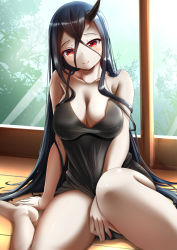 Rule 34 | 10s, 1girl, abyssal ship, bare arms, battleship water oni, between legs, black dress, black hair, breasts, cleavage, collarbone, covered erect nipples, covering privates, covering crotch, crossed bangs, day, dress, hair between eyes, hand between legs, highres, horns, indoors, kantai collection, kirimori toya, large breasts, lips, long hair, looking at viewer, pale skin, red eyes, single horn, sitting, smile, solo, window