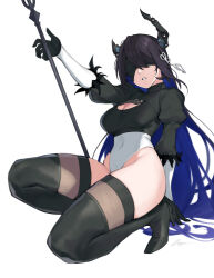 Rule 34 | 1girl, 2b (nier:automata), 2b (nier:automata) (cosplay), asymmetrical horns, black blindfold, black gloves, black hair, black thighhighs, blindfold, blue hair, breasts, cleavage, cleavage cutout, clothing cutout, colored inner hair, cosplay, dasdokter, demon horns, dress, gloves, hair ornament, highres, hololive, hololive english, horns, juliet sleeves, large breasts, leotard, long hair, long sleeves, looking at viewer, multicolored hair, nerissa ravencroft, puffy sleeves, solo, thighhighs, two-tone hair, uneven horns, virtual youtuber, weapon, white leotard